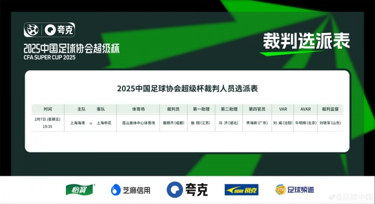  超級杯海港vs申花裁判員名單：主裁判唐順齊，VAR劉威