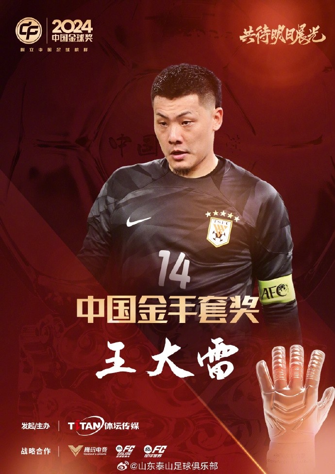  王大雷榮獲中國金手套獎，謝文能入選中國金球獎候選人前三名