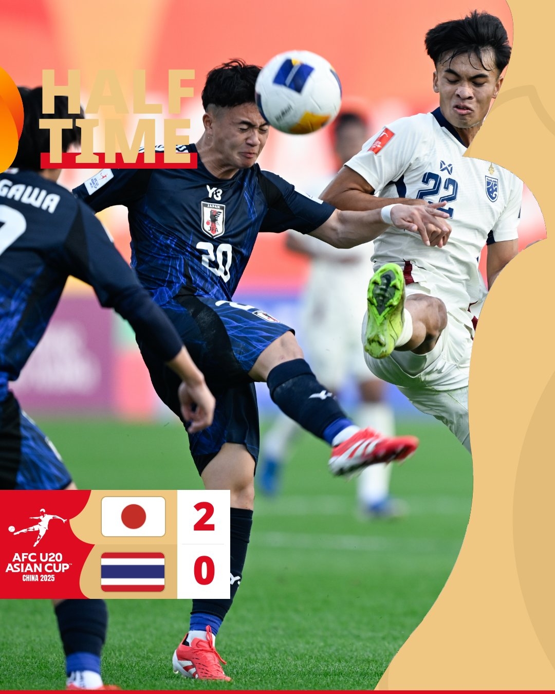  半場(chǎng)-日本U20 2-0領(lǐng)先泰國U20，石井久繼破門(mén)+中柱 泰國0射正