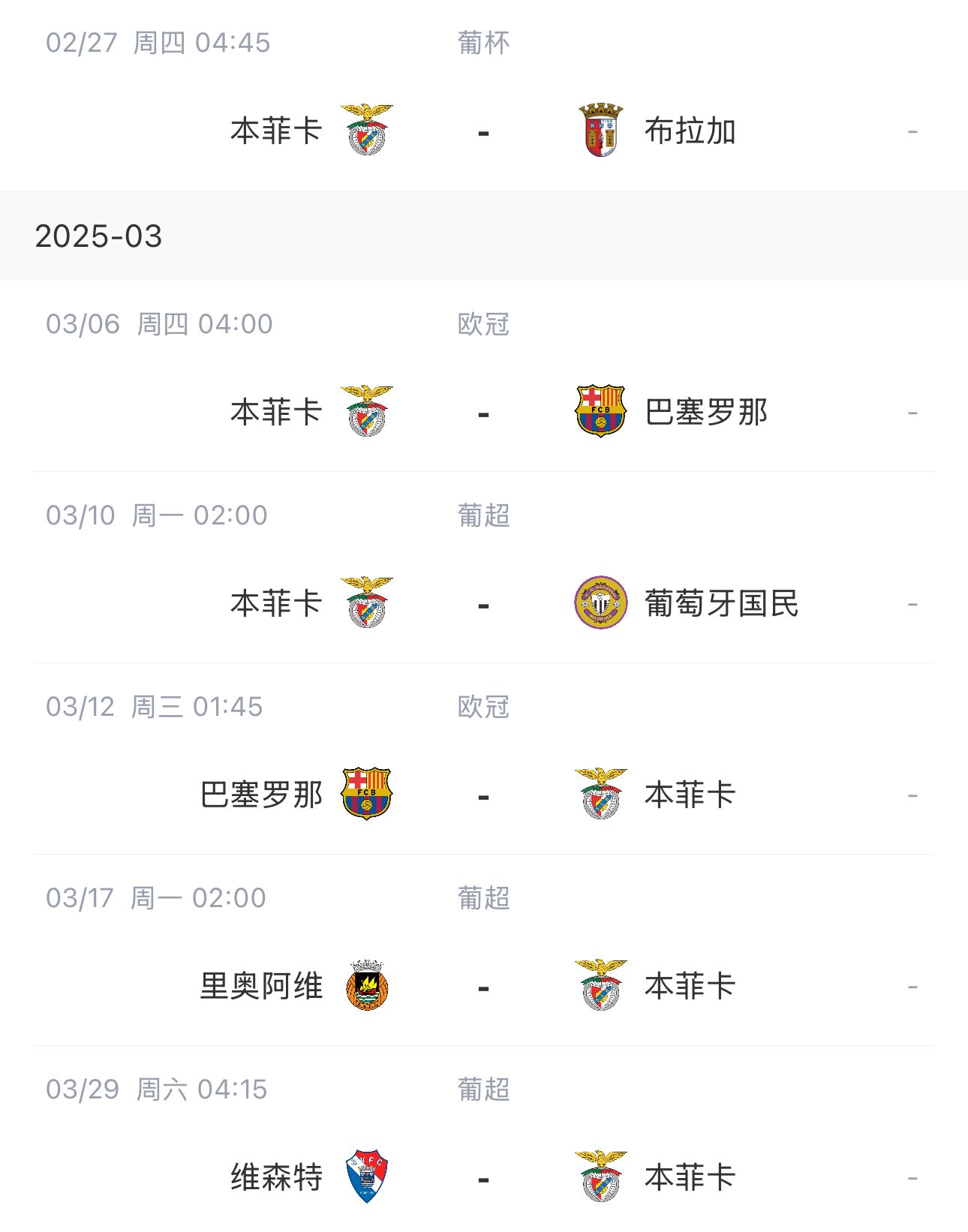  讓路歐冠！本菲卡戰巴薩首回合比賽前的葡超比賽推遲進(jìn)行
