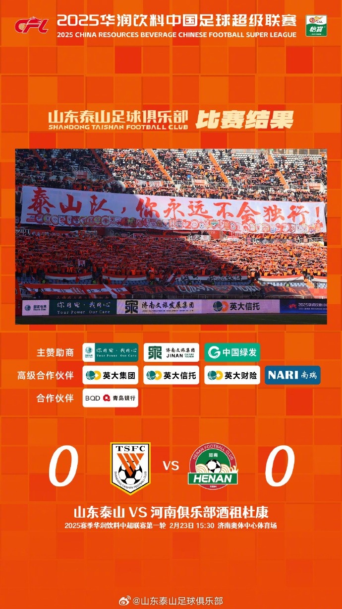  中超首戰，泰山隊雖未取勝，但全隊展現出了頑強的拼搏精神