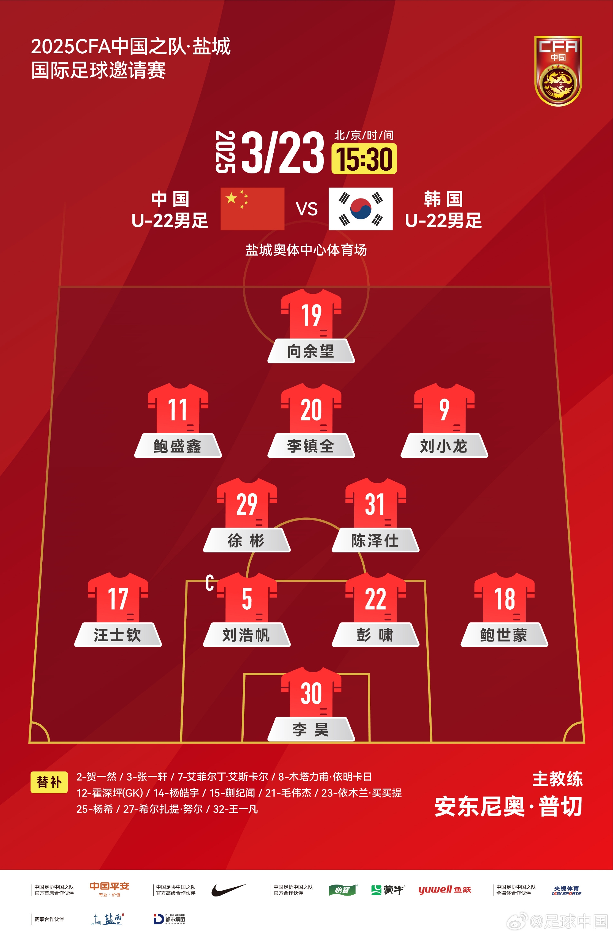  鹽城四國賽，中國U-22男足對陣韓國U-22男足，中國隊首發(fā)陣容