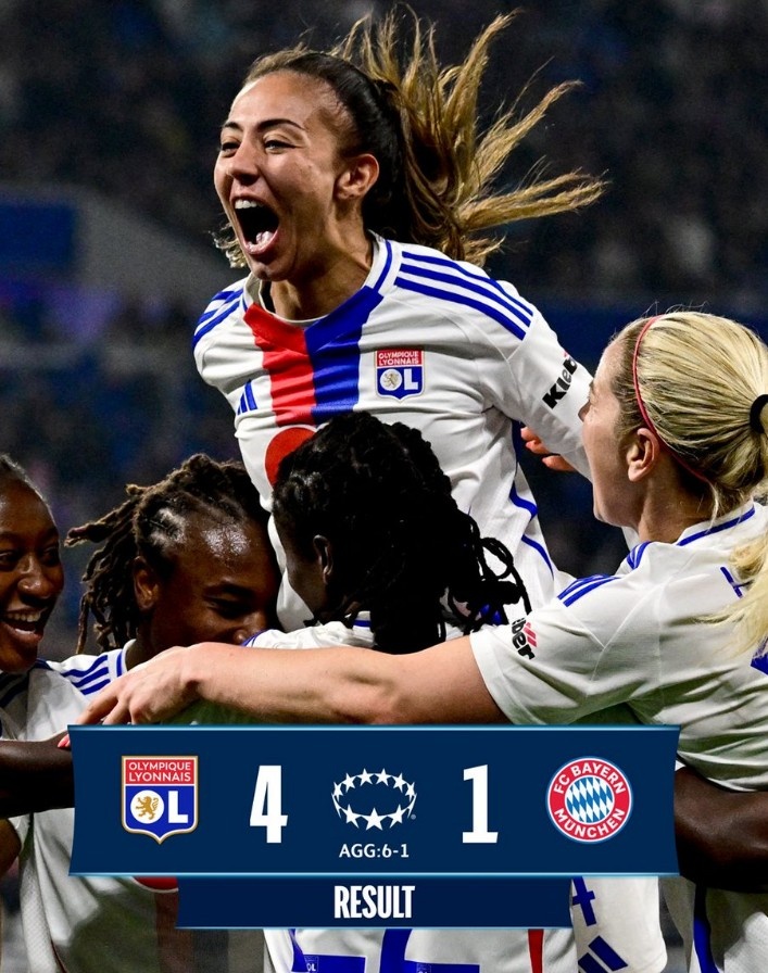  里昂女足4-1大勝拜仁女足，總比分6-1晉級女足歐冠半決賽
